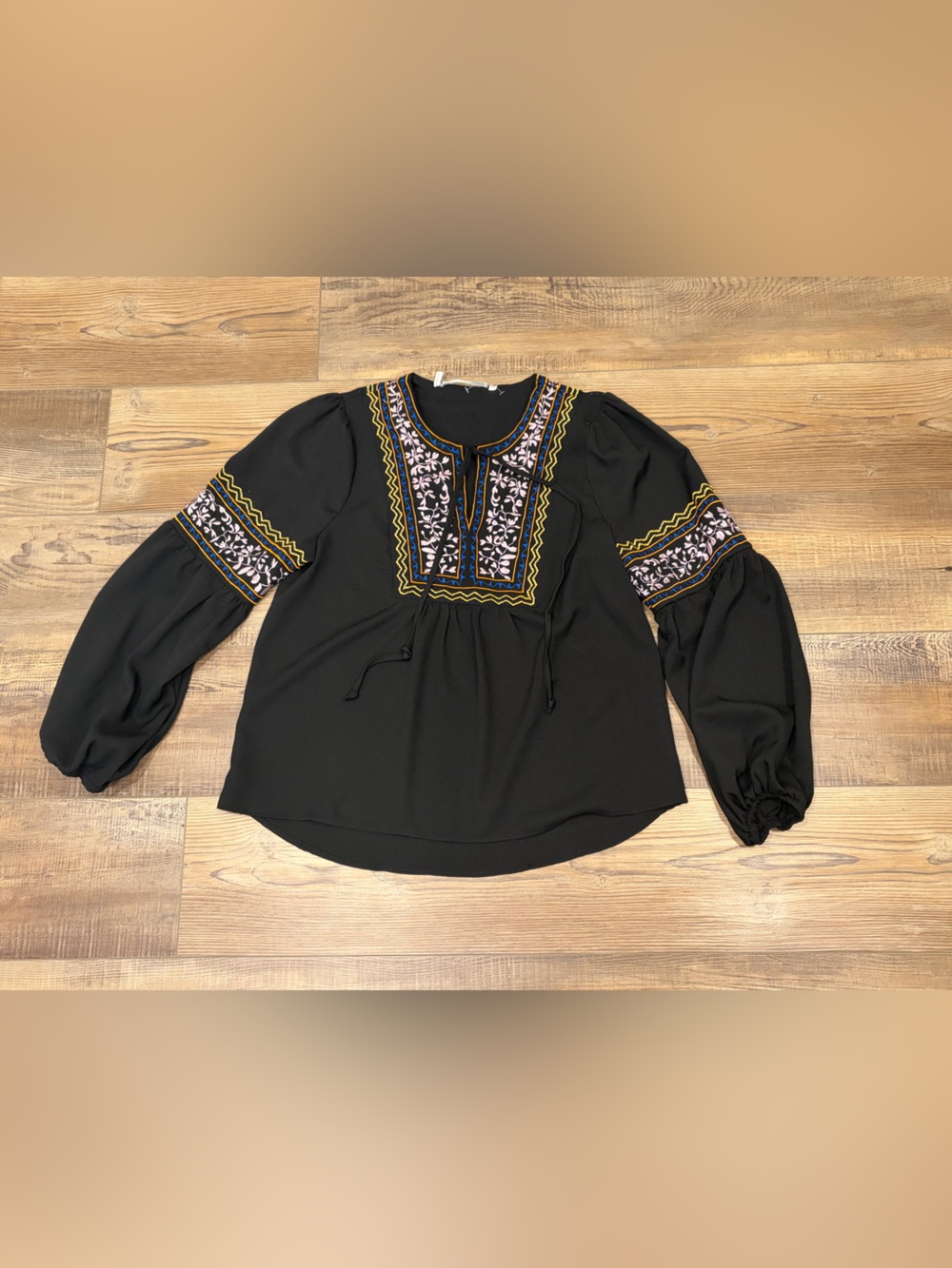 Embroidered Black Boho‎ Peasant long sleeve Top with Yellow & White Accents